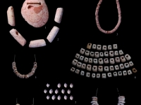 1 : Valve biforée en spondyle (Spondylus gaederopus), 2 : Perles tubulaires en spondyle (Spondylus gaederopus), 3 : Collier de perles circulaires en Cardiidés, 4 : Plastron de perles trapézoïdales en Cardiidés ou Vénéridés, 5 : Collier de petites perles en Cardiidés, 6 : Collier de grandes perles en Cardiidés, 7 : Trivia biforés, 8 : Collier de perles ovalaires en Cardiidés ou Vénéridés. Crédit S. Bonnardin