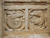 A gauche, ammonite à tête de lapin - Cathédrale St Jean- Lyon (XIVème siècle) Ebrasement du portail sud - © 2016 Pierre Thomas - Planet-Terre