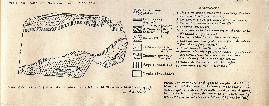Plan géologique du parc de Grignon. Fritel d'après le plan relief de Stanislas Meunier 1900