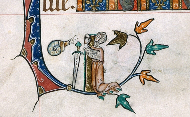 Détail du psautier de Gorleston (1310-1324) : Un chevalier semble implorer miséricorde- crédit photo Chris Mc Glashon BLL