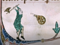 Détail du psautier de Gorleston (1310-1324) : une femme avec une hache face à un escargot - crédit photo Chris Mc Glashon BLL